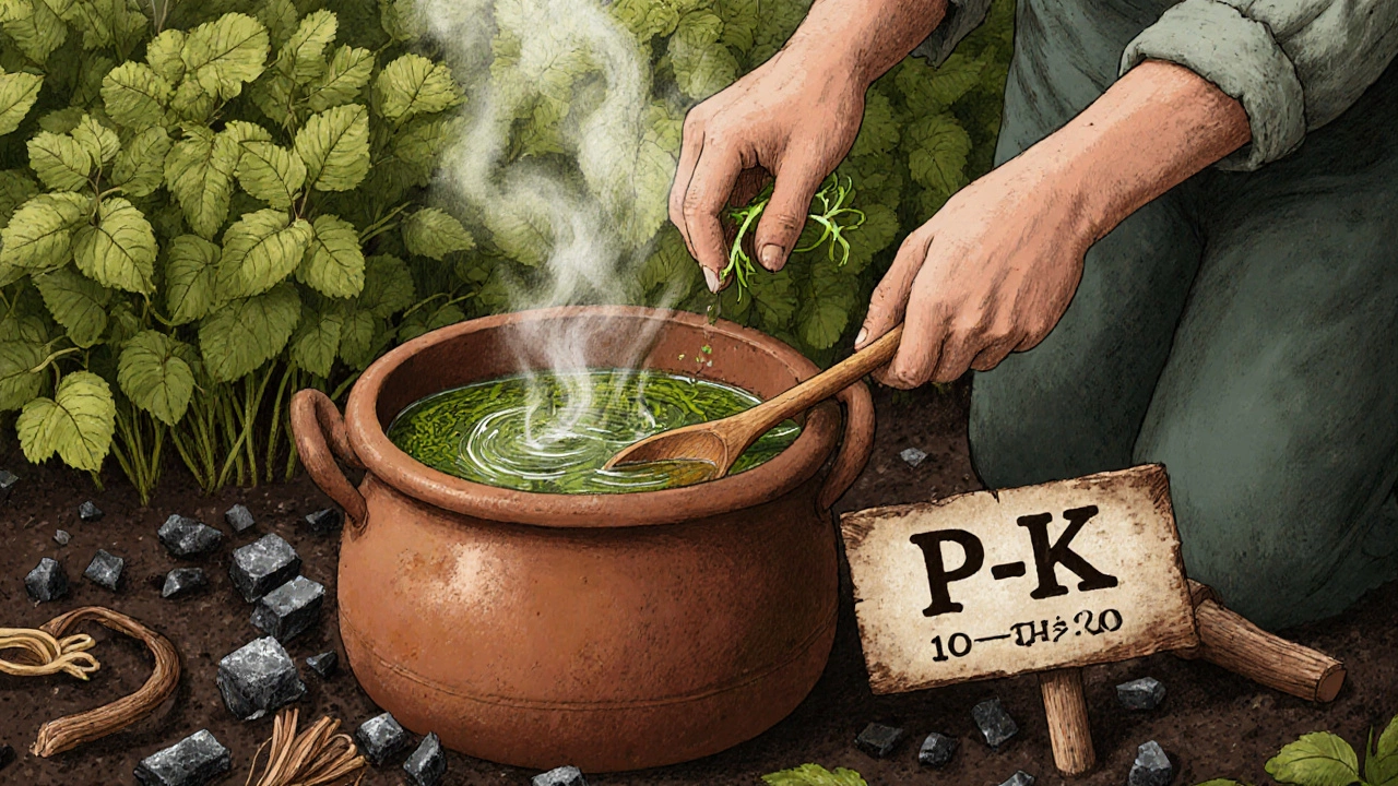 Руки поливают цветок настоем крапивы с суперфосфатом в горшке