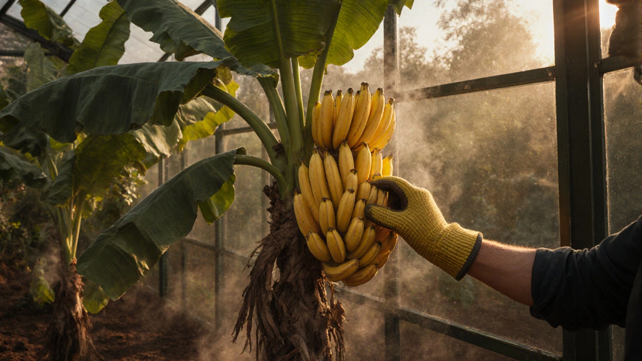 Банановое растение в теплице с крупной гроздью спелых бананов и паром от почвы.