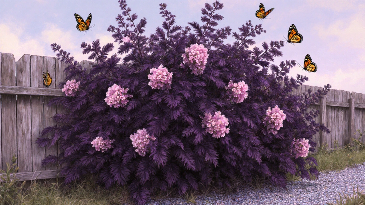 Бузина черная &#039;Black Lace&#039; с пурпурными листьями и розовыми цветочными шапками.