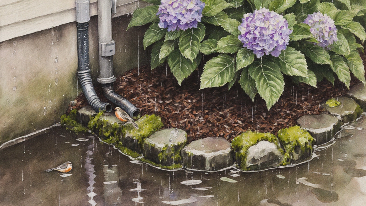 Дождевой сад после весеннего ливня: кусты у водостока, капли на листьях и мховая дорожка.