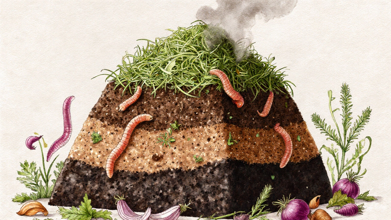 Компостная куча с слоями травы, овощных отходов и сухих листьев, живущая экосистема.