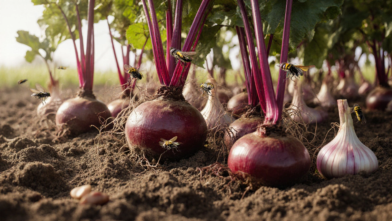 Корни свеклы и лука в почве, рядом — корни бобов, вредители улетают от запаха чеснока.