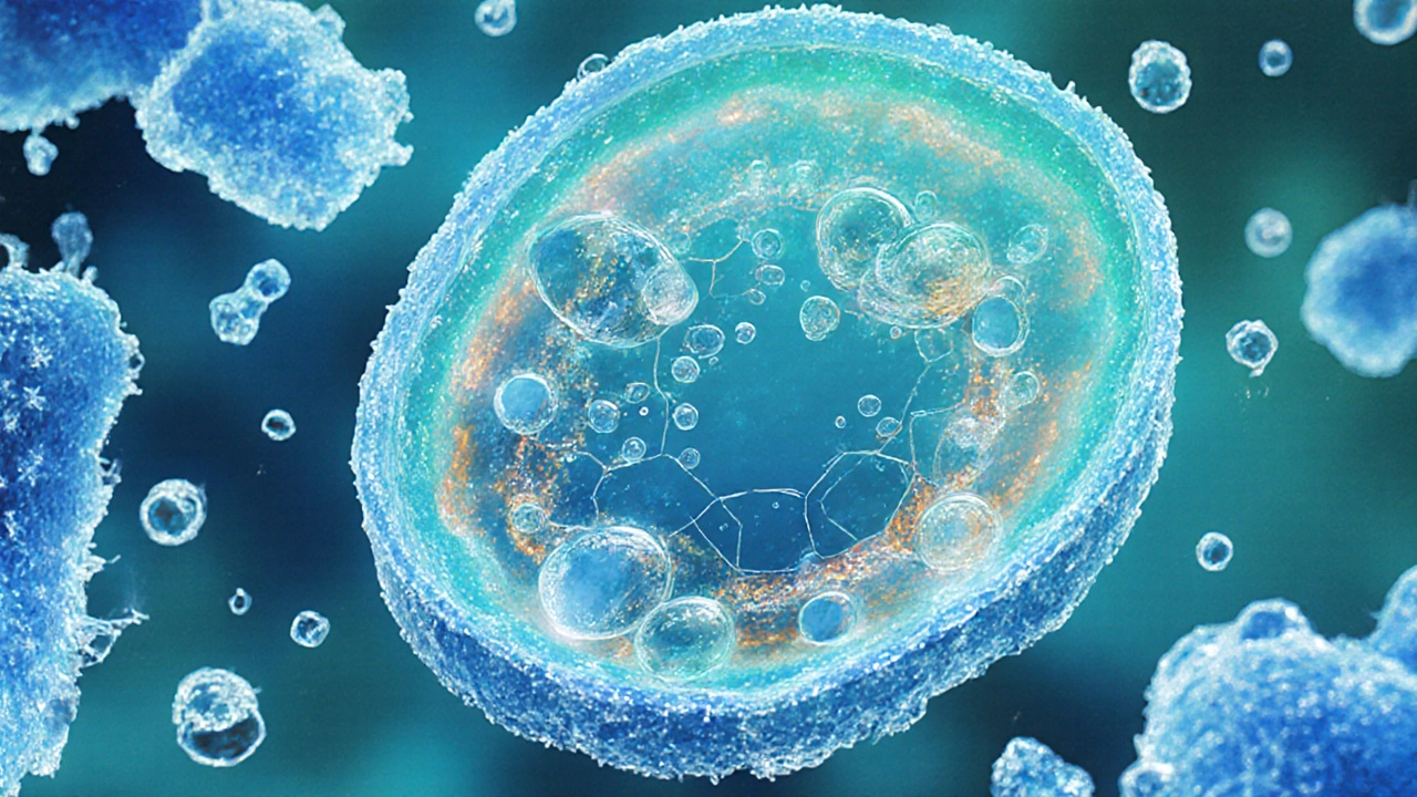 Микроскопический вид растительной клетки с молекулами сахара, предотвращающими замерзание воды внутри.