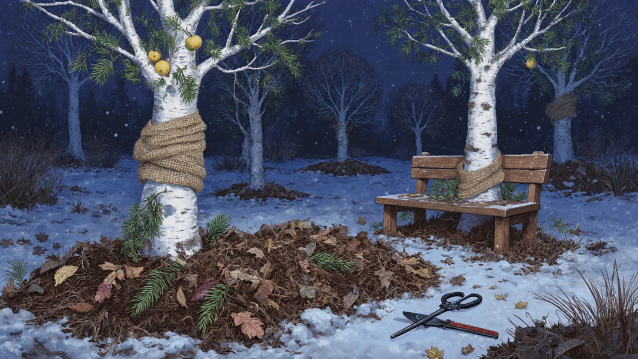 Плодовые деревья с побелёнными стволами, укрытые мешковиной и еловыми ветками, под ними слой опавших листьев и легкий снег.