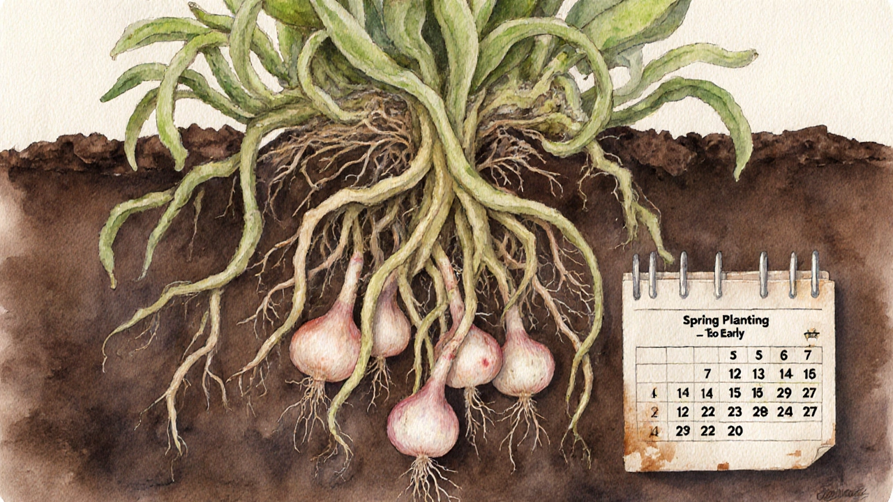 Подземная корневая система с луковицами, поражённая неправильной посадкой и температурным стрессом.