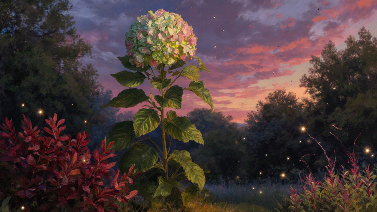 Позднее лето в саду: гортензия, барбарис и чубушник на закате с мерцающими светлячками.