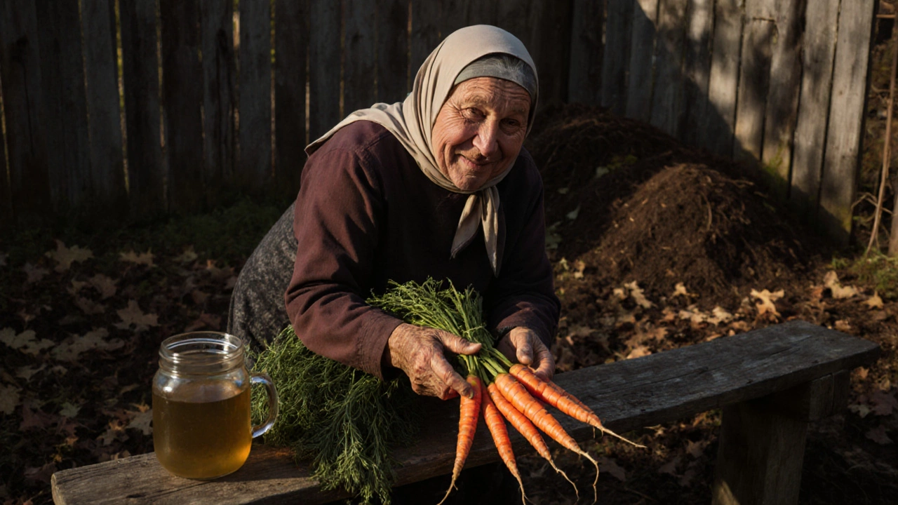 Пожилая женщина собирает кривые, но сочные морковки из огорода, осень, рядом компост и банка с настоем крапивы.