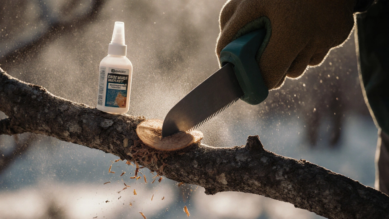 Рука садовника делает чистый срез на ветке яблони, наносится садовый вар.