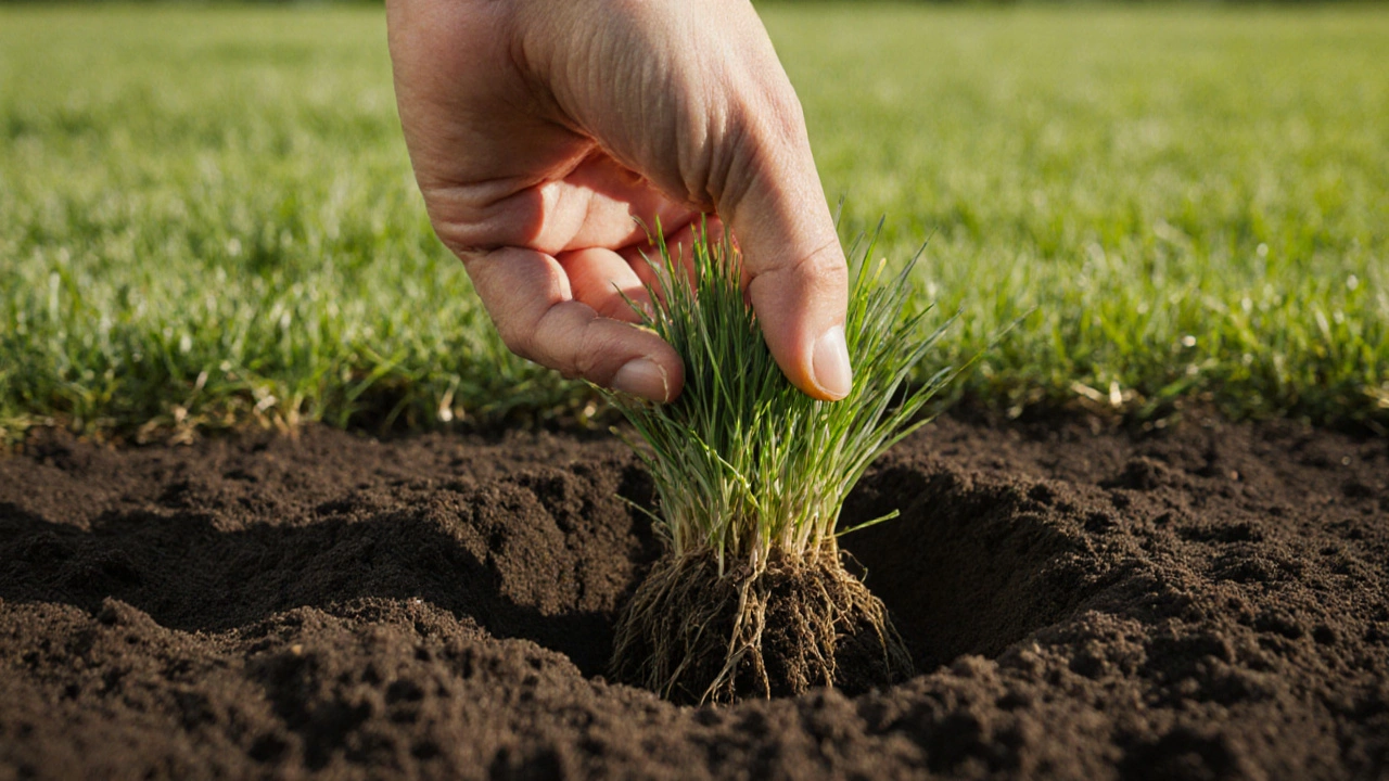 Рука тянет траву, показывая крепкие корни, уходящие глубоко в почву.