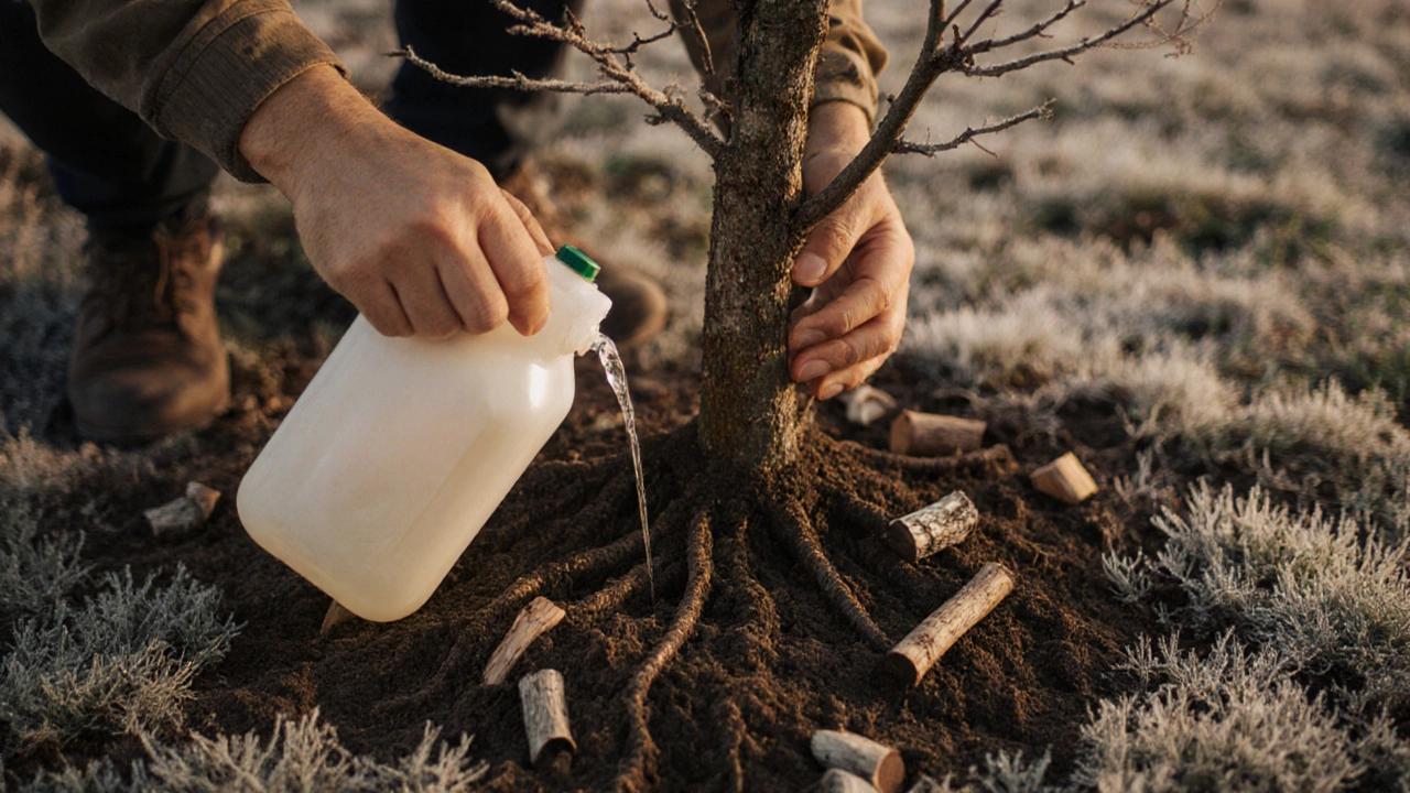 Руки поливают яблоню раствором суперфосфата и сульфата калия, вокруг — зола и легкий иней на земле.