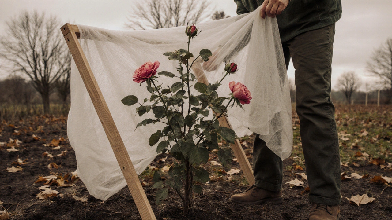 Садовник накрывает розу нетканым материалом на каркасе, чтобы сохранить тепло и обеспечить вентиляцию.
