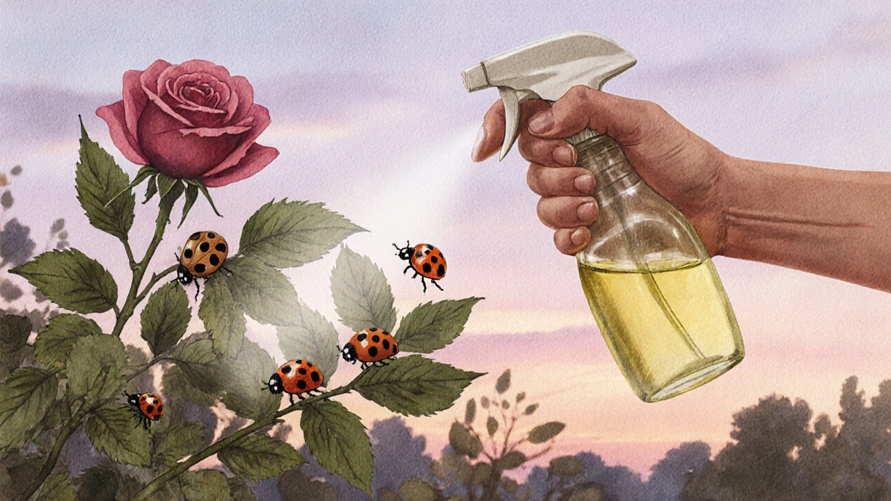 Садовник опрыскивает розы вечером масляным раствором, божьи коровки в безопасности.