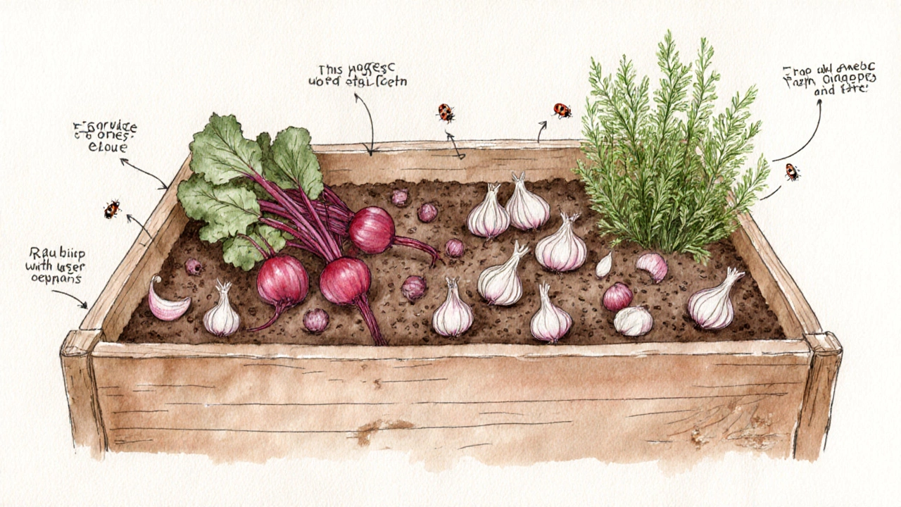 Схема совместной посадки свеклы с луком, чесноком, укропом и редисом в теплых тонах.