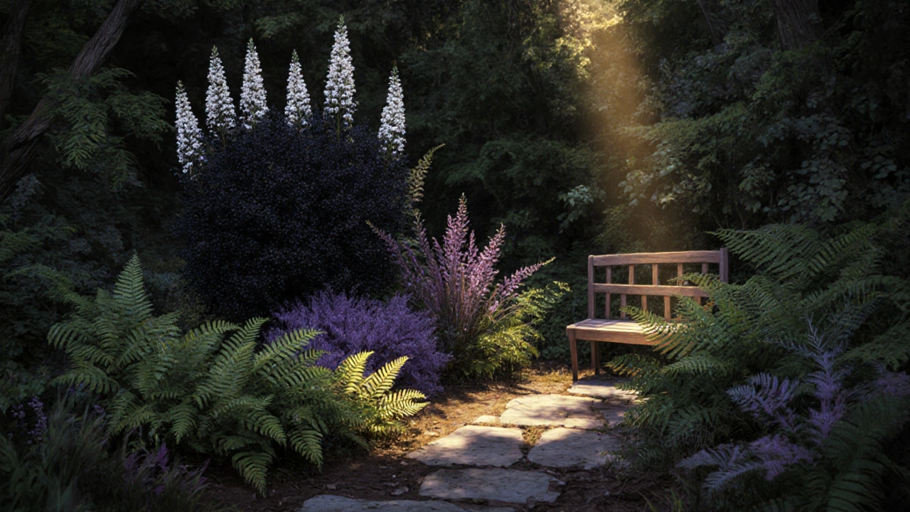 Слоистая композиция теневого сада: бузина, пузыреплодник и папоротники в лесном стиле.