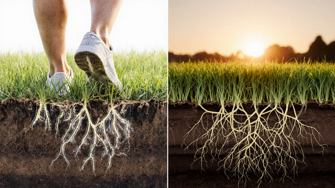 Сравнение хрупких корней и здорового газона — два состояния за 4 недели.