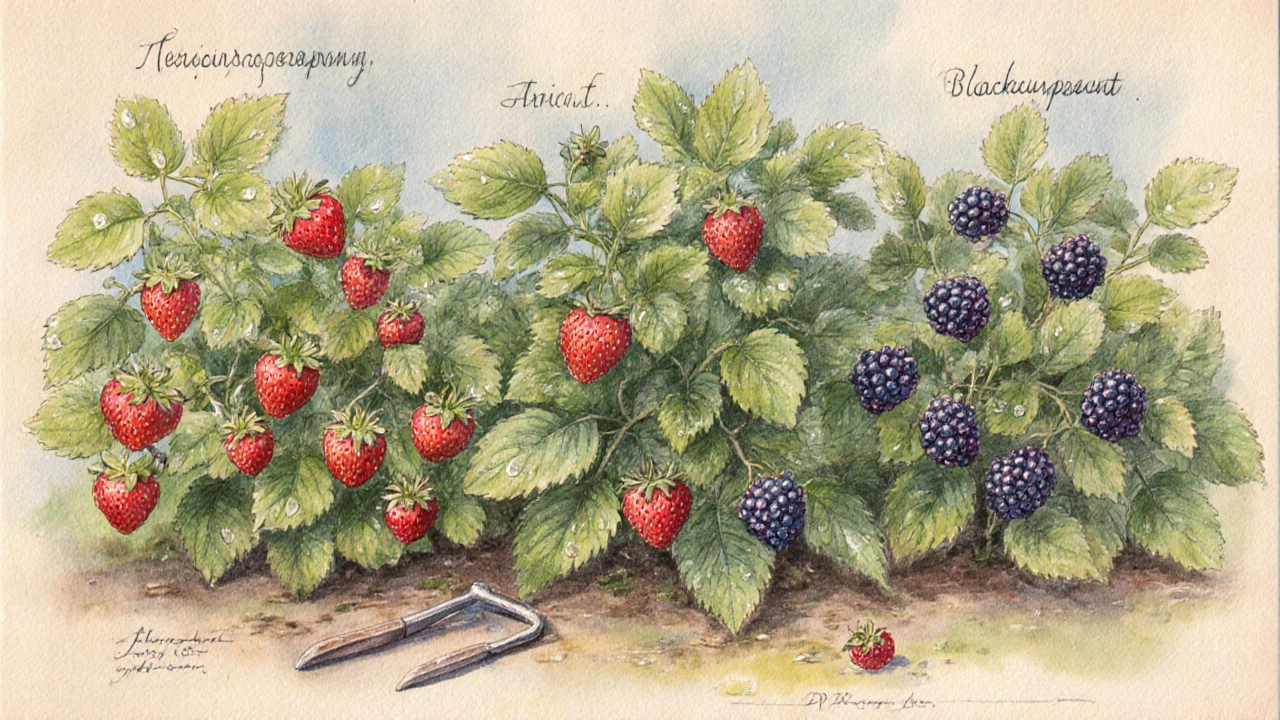 Три куста ягод: земляника, смородина и ежевика, растущие вместе в саду под солнцем.