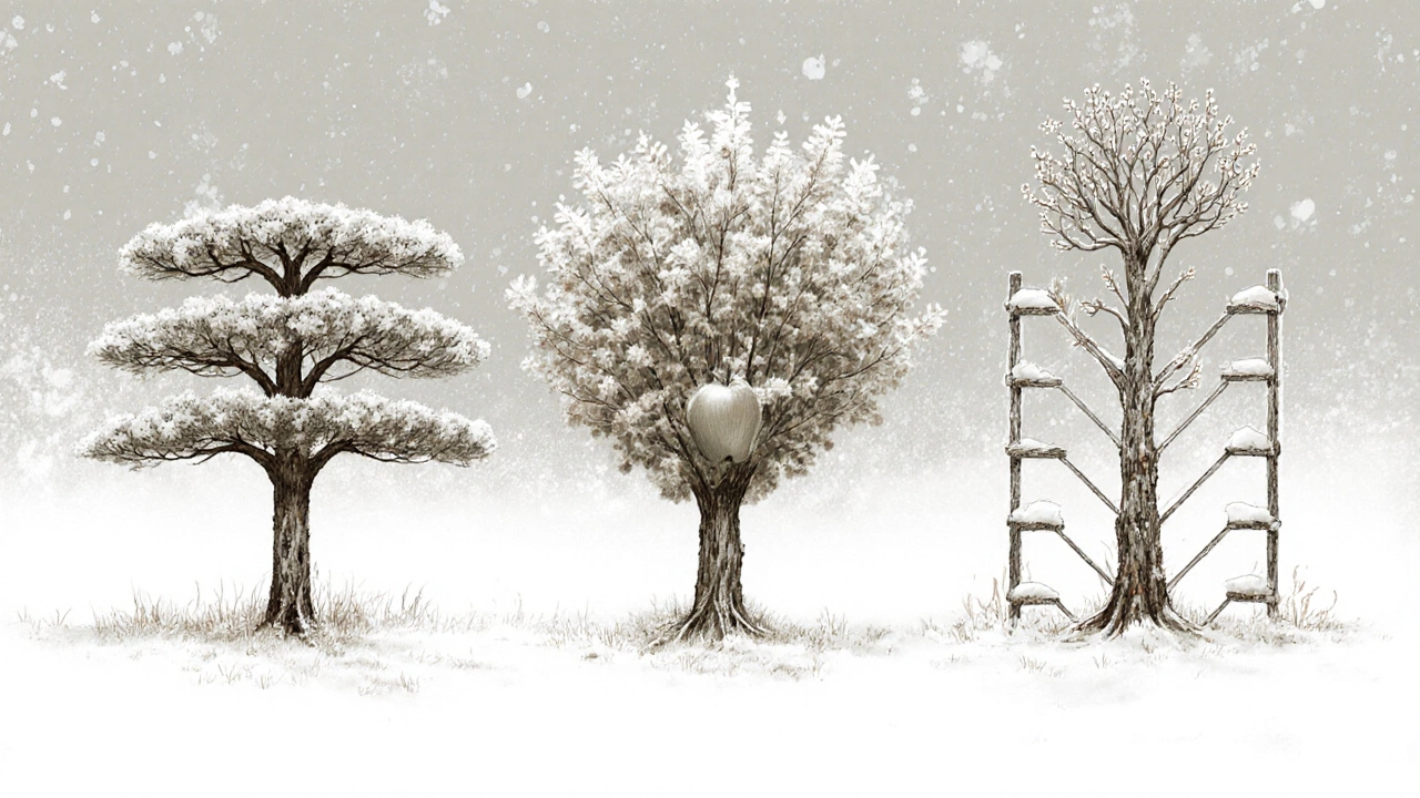 Три типа крон фруктовых деревьев зимой: разреженно-ярусная, чашевидная и веретеновидная.