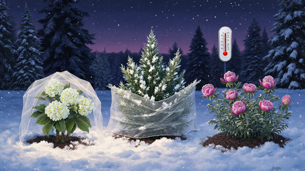 Три зоны сада: молодые гортензии под спанбондом, хвойные под сеткой, пионы без укрытия на промерзшей земле.