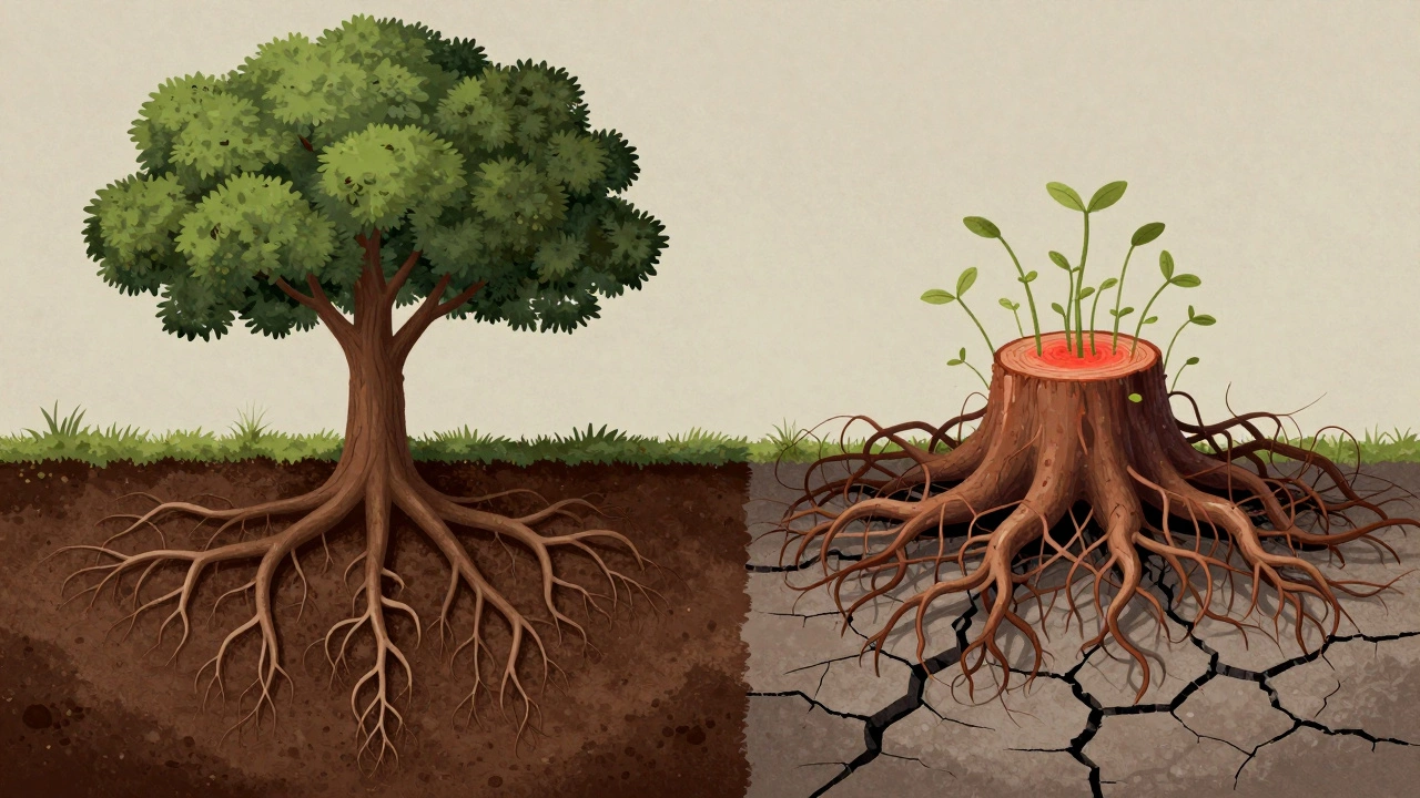Дерево с раздвоенной иллюстрацией: здоровые корни и крона с одной стороны, разрушенные корни и водяные отростки — с другой.