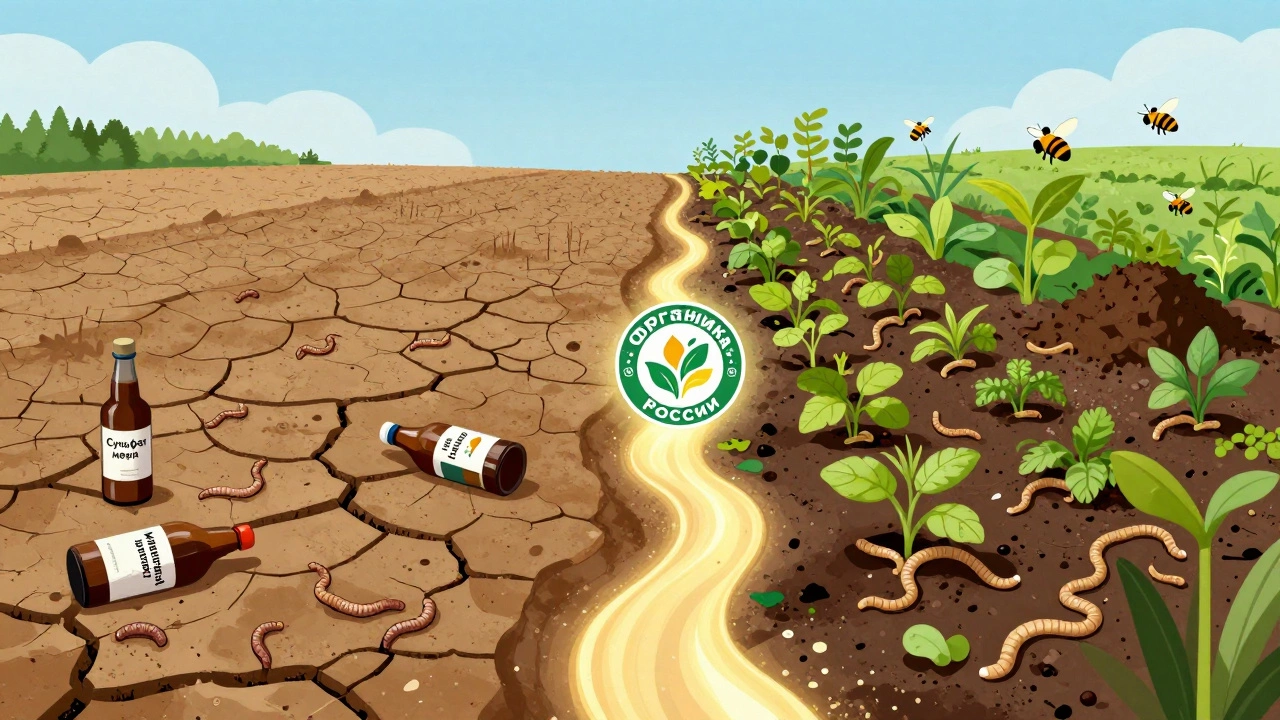 Два мира: слева — загрязнённая земля с химикатами, справа — живая органическая почва с червями и пчёлами.