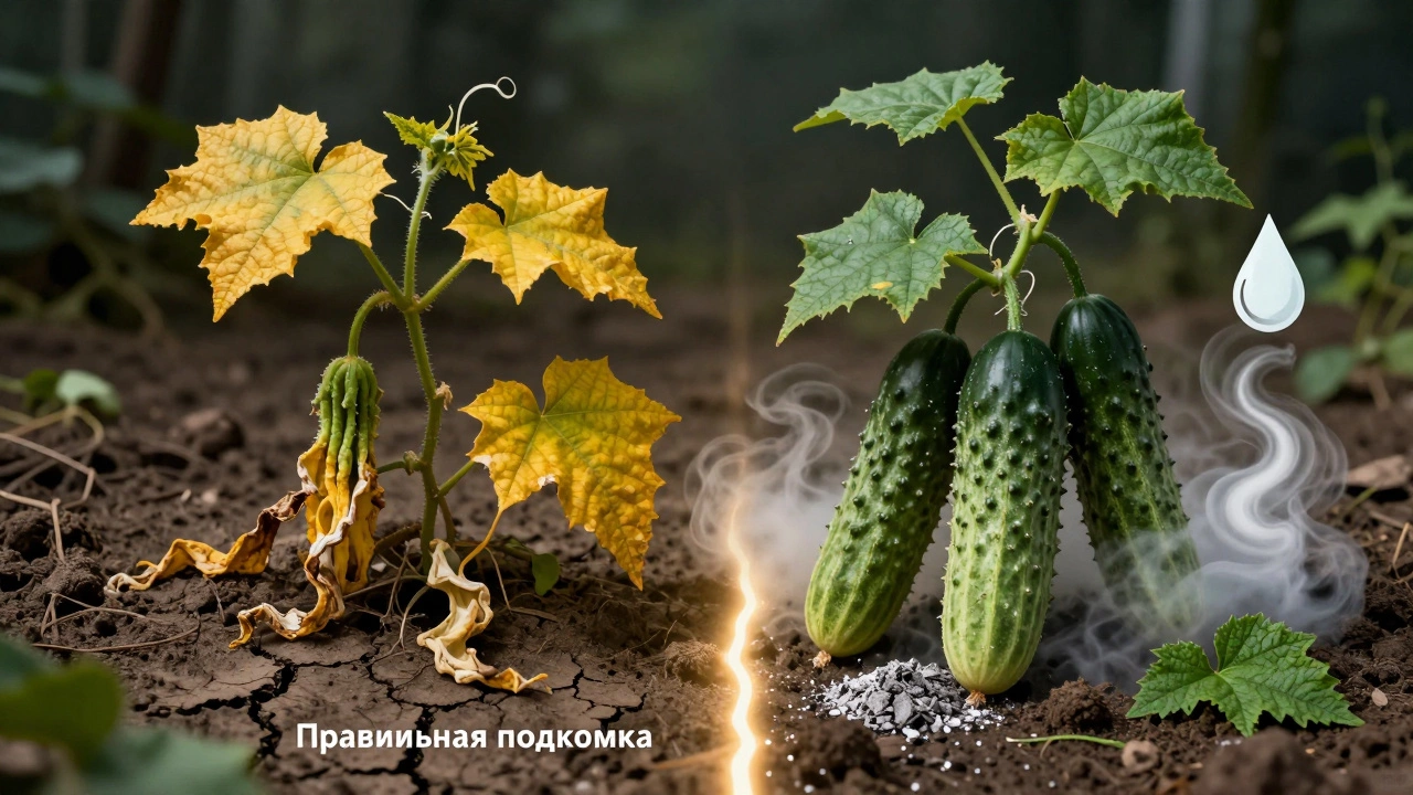 Два состояния огурца: один увядает от голода, другой цветёт и плодоносит — вокруг символы натуральных удобрений.