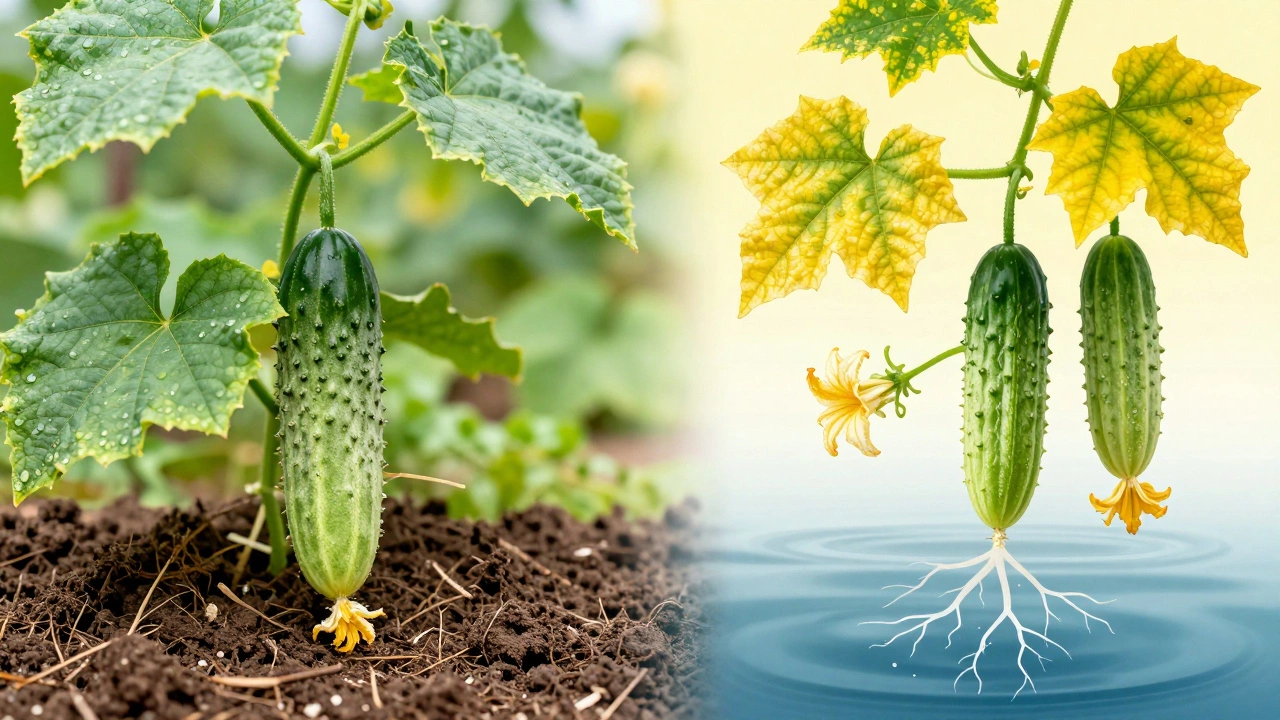 Два состояния огурца: здоровый и больной — из-за неправильных условий.