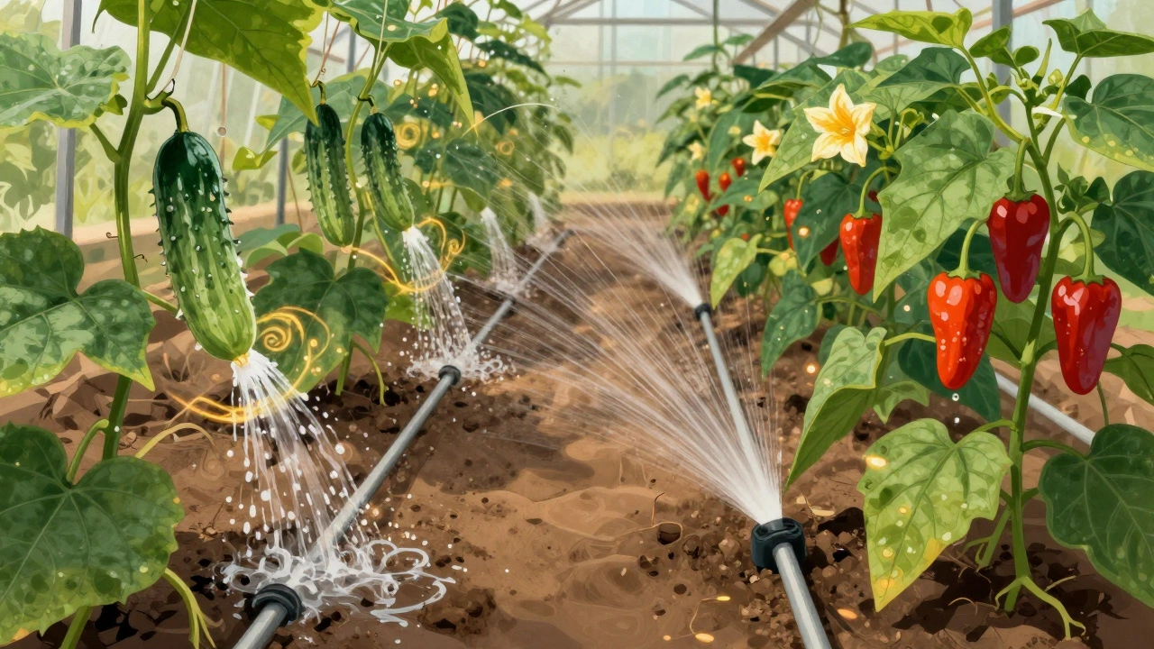 Две системы капельного полива: огурцы получают частый полив, перец — редкий и глубокий.