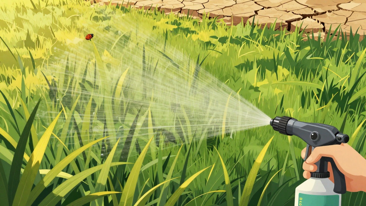 Летний газон с желтизной между жилками листьев, опрыскиваемый жидким удобрением с железом.