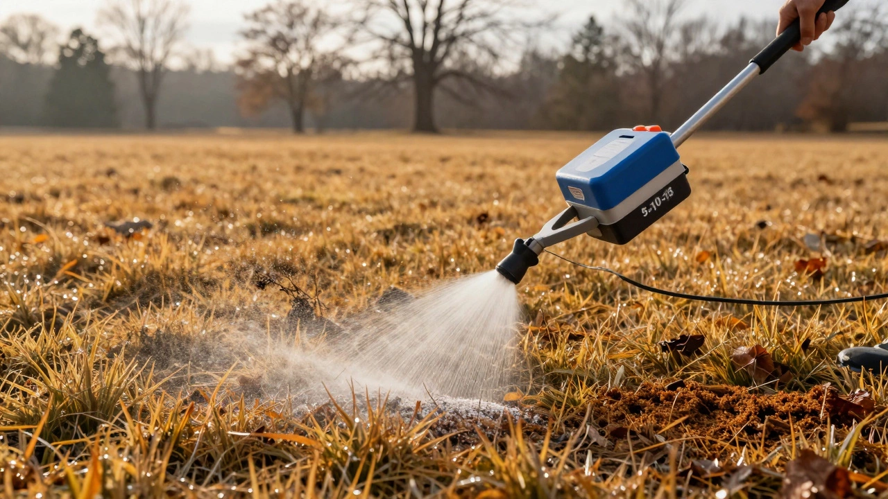 Осенний газон, удобренный гранулами, готовящийся к зиме.