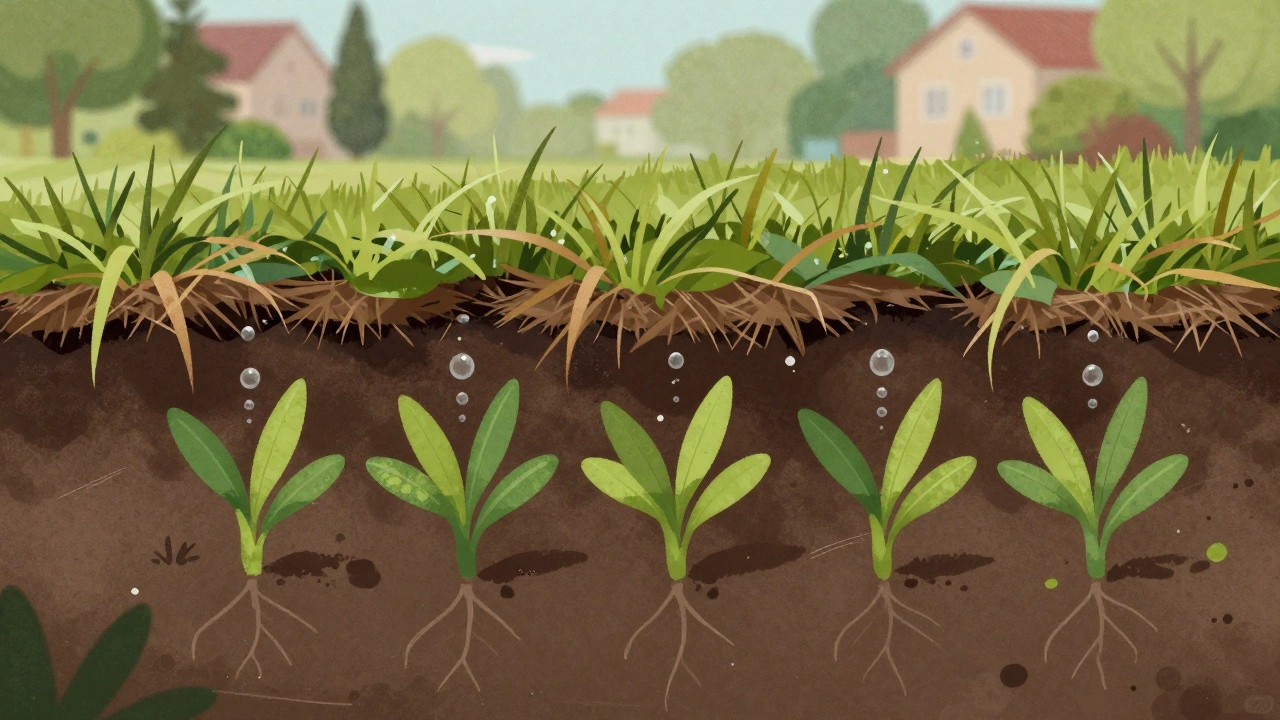 Разрез газона: мёртвый слой травы блокирует воду и воздух от корней.