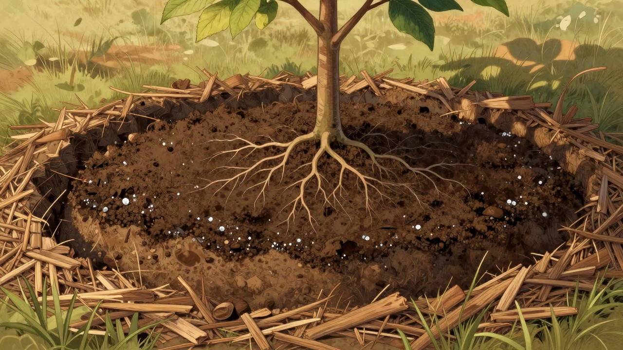 Разрез посадочной ямы с слоями дренажа, обогащенной земли и корнями саженца, окруженной мульчей.