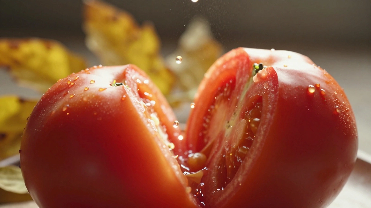 Разрез спелого помидора с частицами калия и бора, подчеркивающими влияние удобрений на урожай.