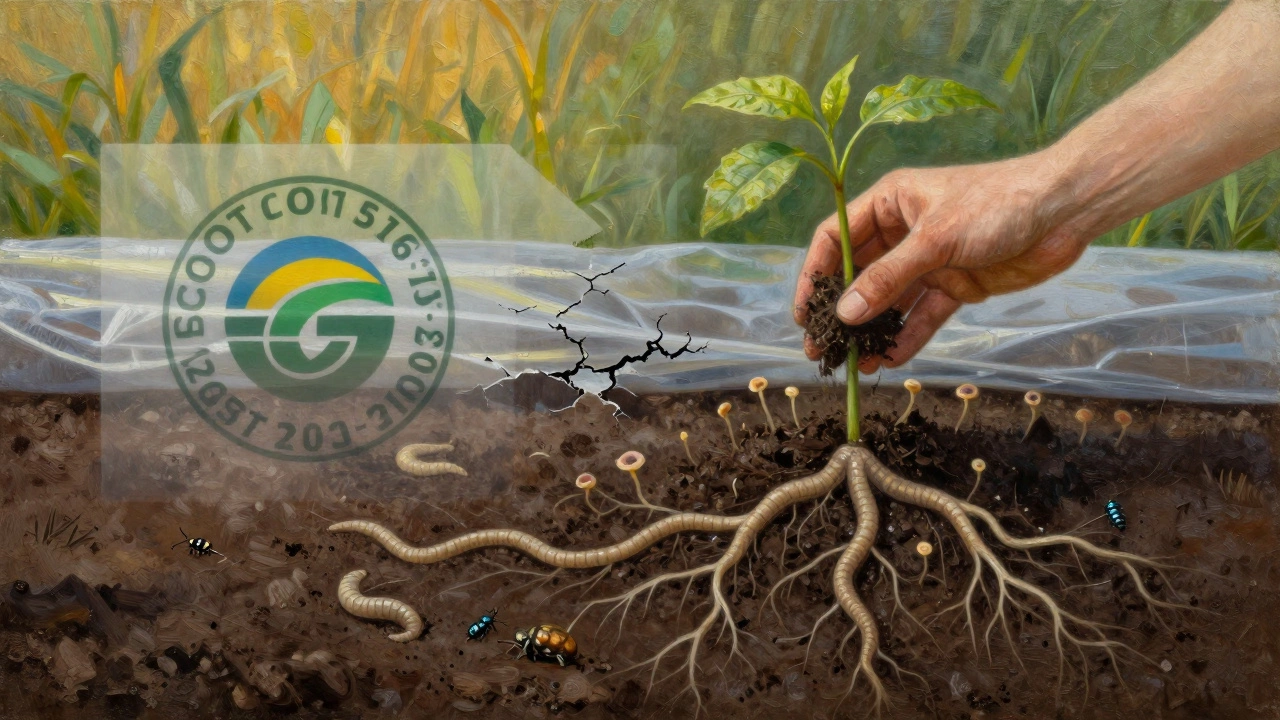 Рука держит саженец над разлагающейся пластика, из земли растут черви, грибы и насекомые — символ возрождения.