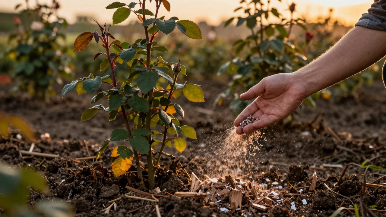 Рука посыпает золу вокруг розы на закате, один желтеющий лист, тёплый свет, тихий сад