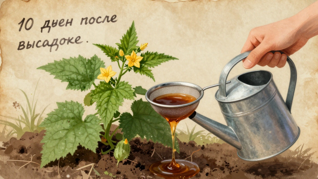 Рука выливает настой крапивы через ситечко, цветы огурцов начинают завязываться на фоне рукописных заметок.