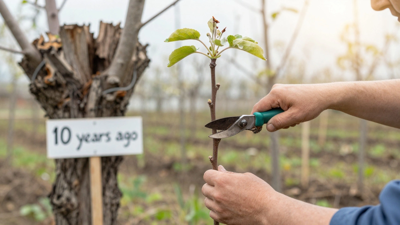 Садовник аккуратно обрезает верхушку молодого саженца яблони, в фоне — поврежденное дерево.
