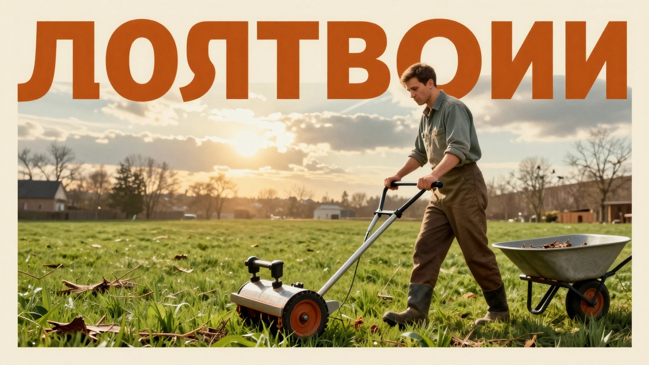 Садовник использует механический вертикулятор для ухода за газоном весной.