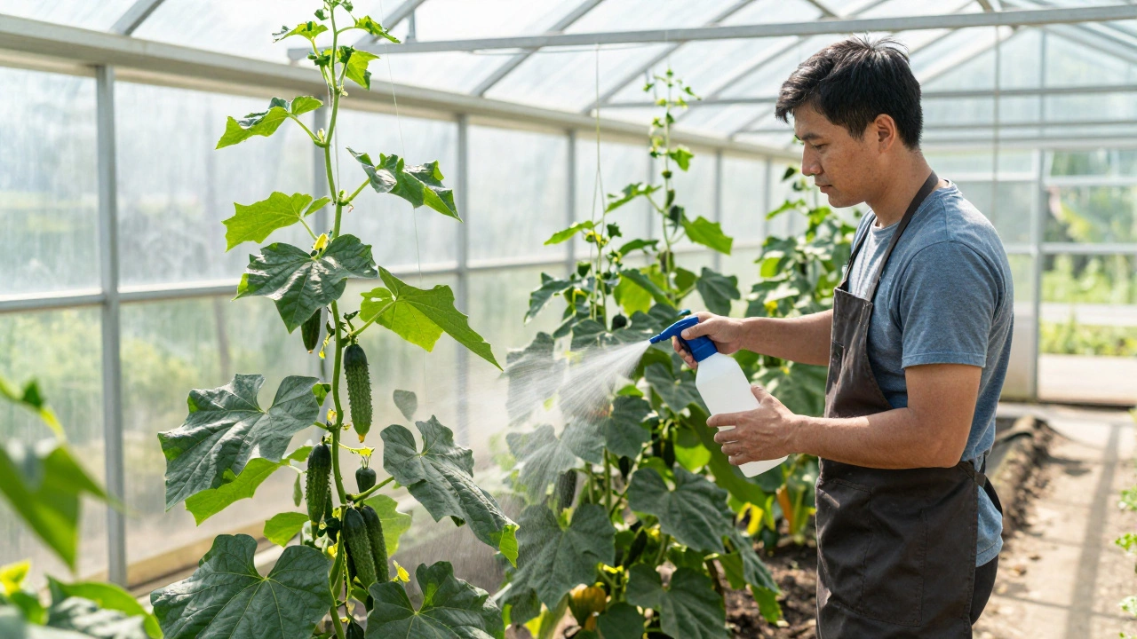 Садовник обрезает листья огурцов и опрыскивает перец раствором Фитоспорина в теплице.