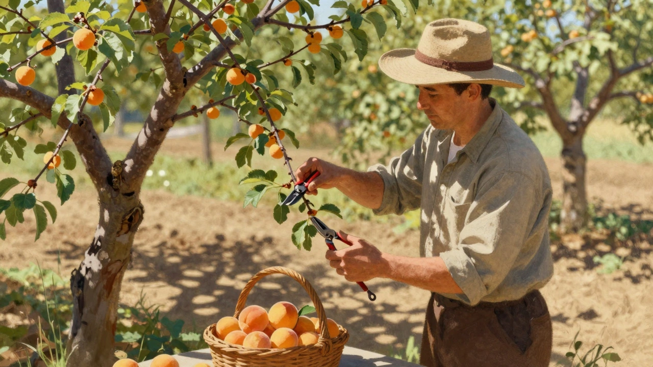 Садовник обрезает ветки абрикоса летом, рядом — спелые плоды.