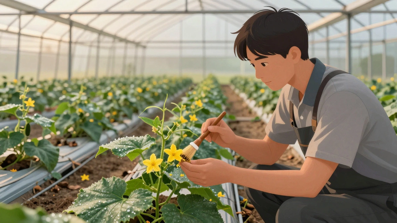 Садовник вручную опыляет цветки огурцов утром в теплице.