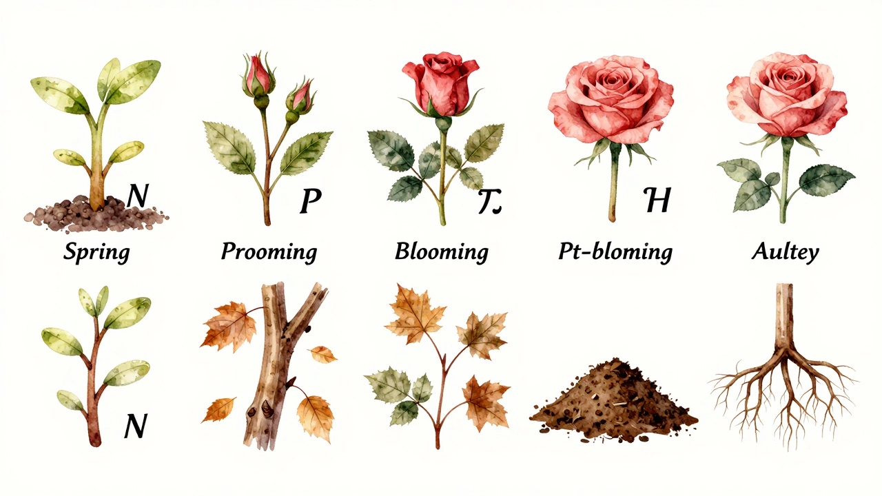 Сезонный график подкормки роз: весна, цветение, осень — символические элементы без текста