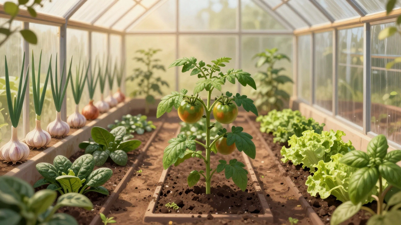 Схема посадки в теплице: помидоры по центру, лук и чеснок по краям, шпинат в проходе.
