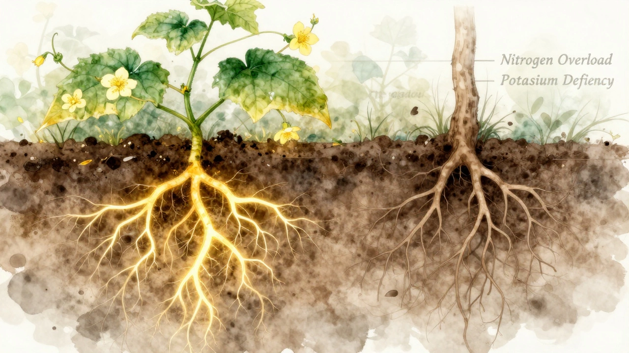 Сравнение здоровых и слабых корней растения с визуализацией нехватки питательных веществ.
