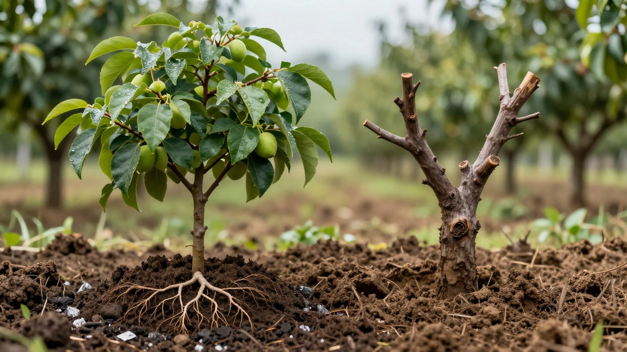 Здоровое плодовое дерево на богатой почве рядом с сухим деревом на бедной земле — сравнение результатов.