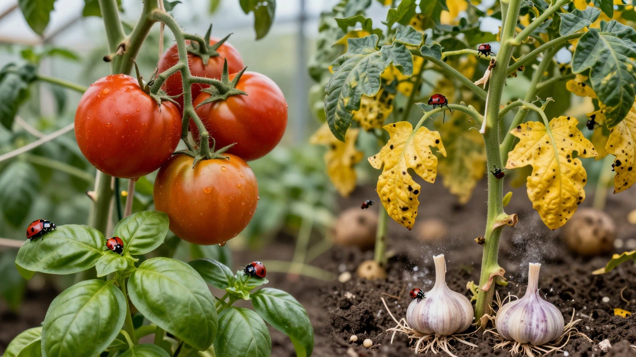 Здоровые помидоры с полезными насекомыми и подавленными грибковыми спорами у чеснока.