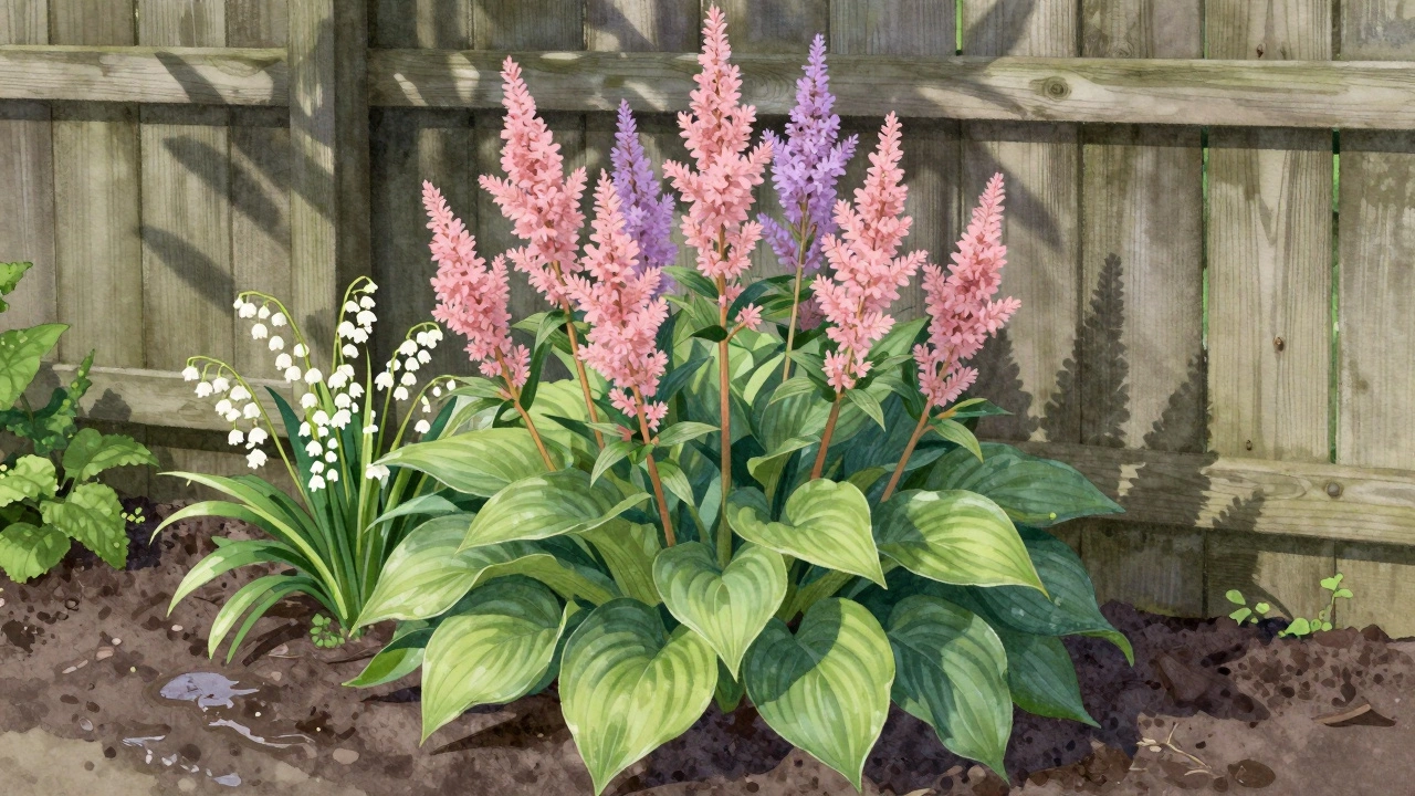 Астильба и хоста растут в тенистом саду, пышные соцветия на фоне деревьев.