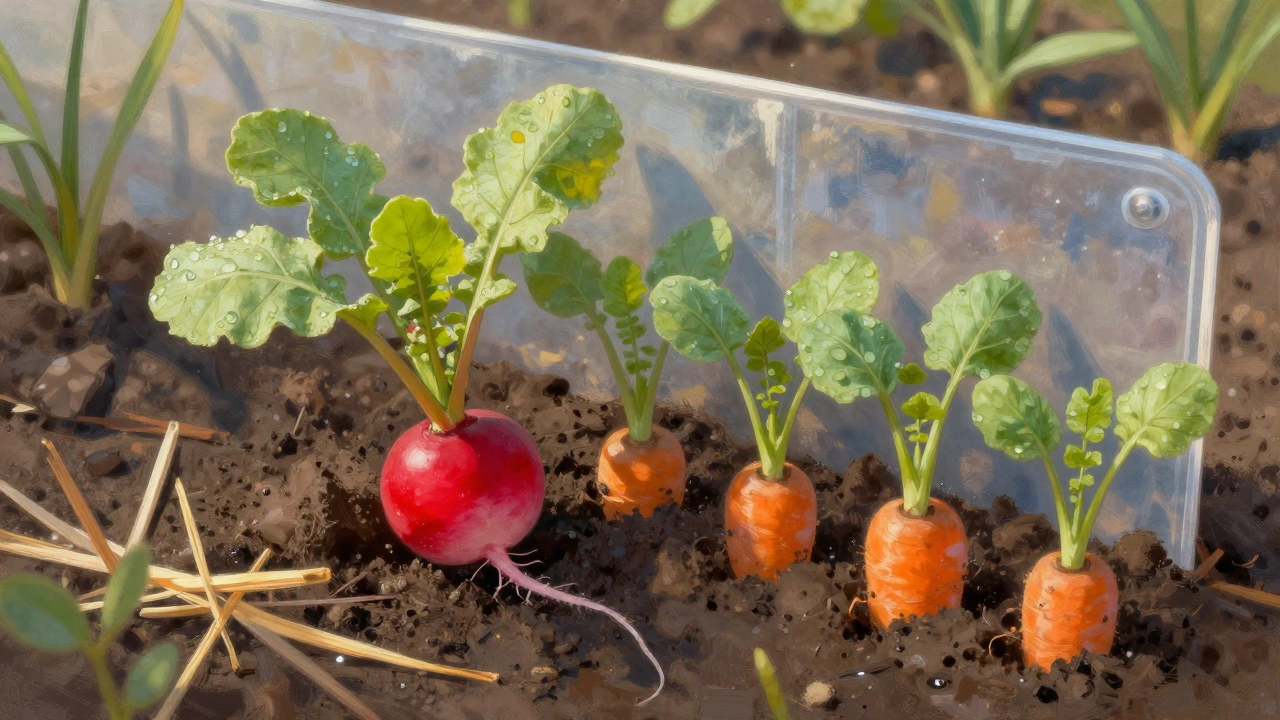 Красный редис и молодая морковь растут рядом в влажной земле.