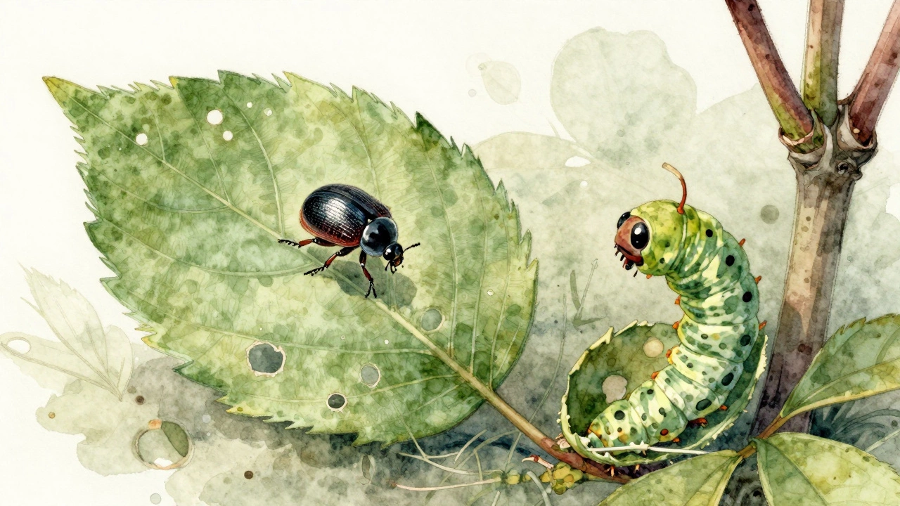 Маленькая чёрная блошка прыгает с листа, вокруг множество мелких отверстий.