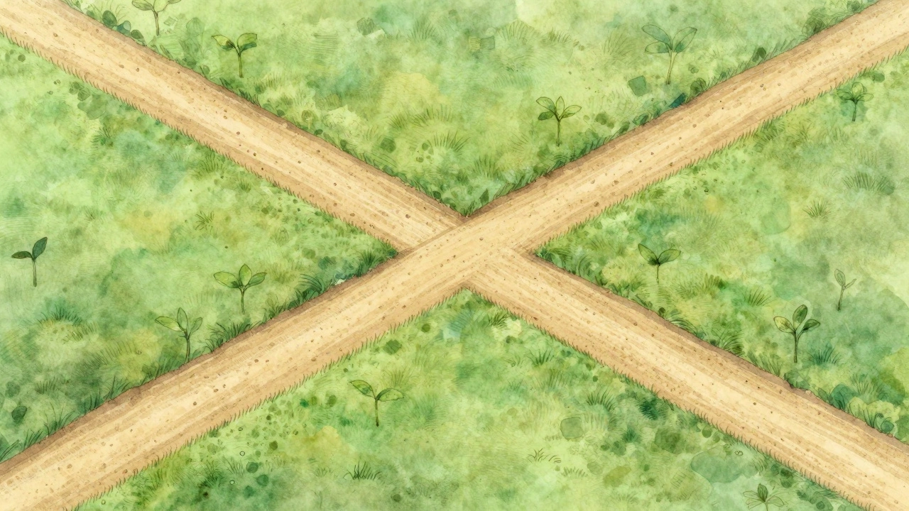 Перекрестное распределение смеси семян и песка на лужайке в виде сетки.