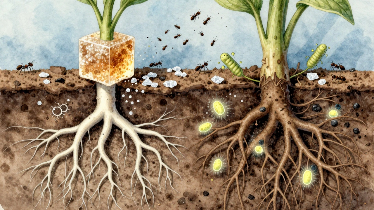 Разрез корней: здоровые с одной стороны, гнилые с другой, вокруг бактерии и тля.